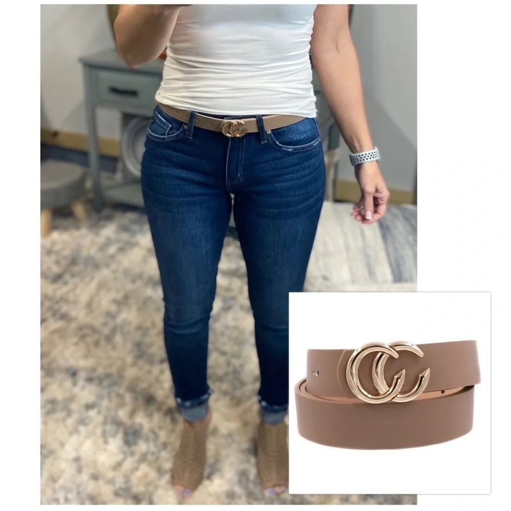 ❤️‍🔥RESTOCK Double C Faux Leather Belt Taupe 4621